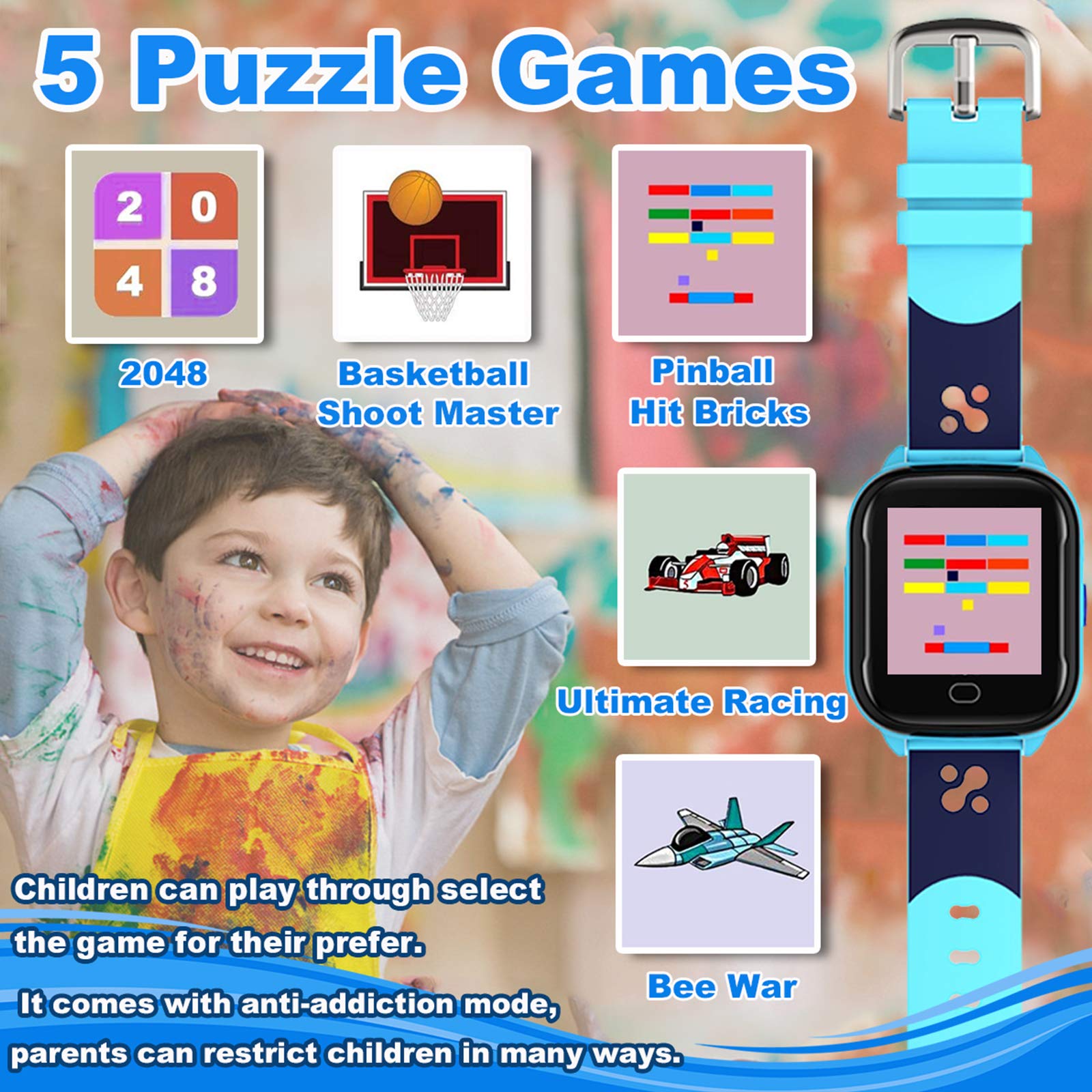 Luluddm Kids Smart Watch Phone,Games Camera Alarm Sos Call Music Mp3 Player Hd Selfie Camera Ip67 Waterproof 2G Smartwatch For 3